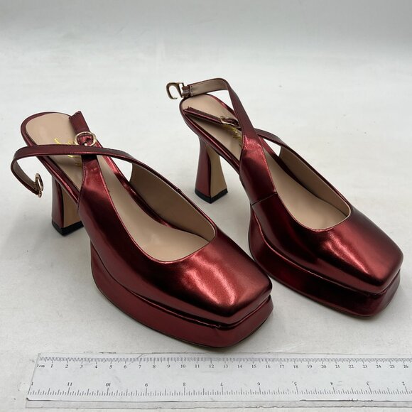 FOWT Red Platform Square Toe Pumps Block High Heels Slingbacks Work Shoes - Picture 4 of 8